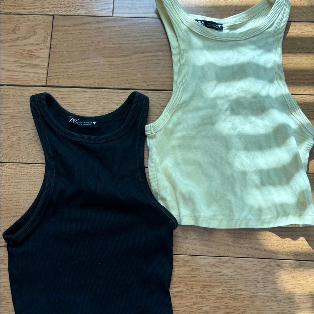 Zara Ribbed Crop Tank Tops in Black and Pale Yellow Set